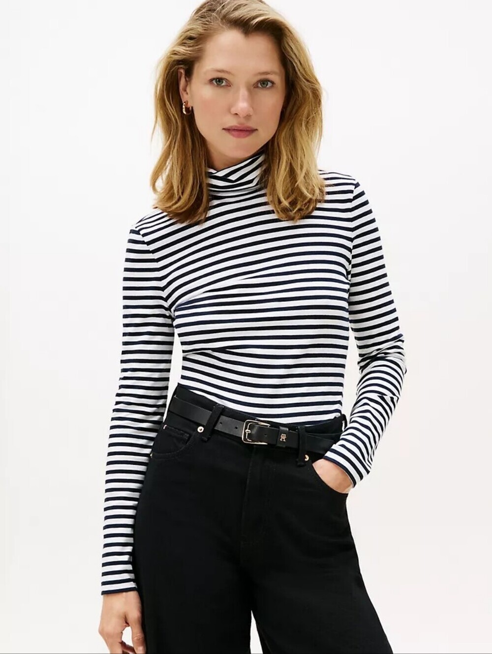Tommy Hilfiger Black & White Striped Turtleneck T - Shirt